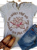 Gray Casual Printed Cotton-Blend Round Neck T-Shirts - Noracora