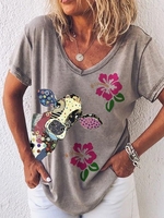 Gray Casual V Neck Cotton-Blend T-Shirts - Noracora