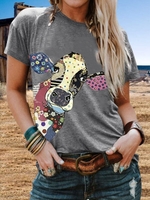 Gray Cotton-Blend Casual Animal Crew Neck T-Shirts - Noracora