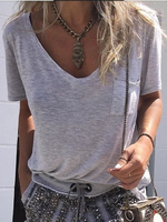 Gray Cotton-Blend Casual V Neck T-Shirts - Noracora