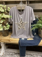 Gray Cotton-Blend Leopard Short Sleeve Crew Neck T-Shirts - Noracora