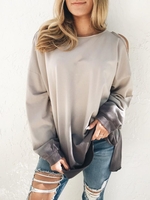 Gray Cotton-Blend Round Neck Long Sleeve Causal Tops - Noracora