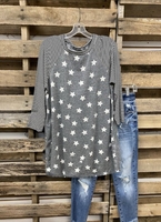 Gray Cotton-Blend Stripe Causal Tops - Noracora