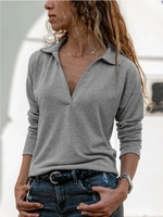 Gray Cotton-Blend V Neck Long Sleeve Causal Tops - Noracora