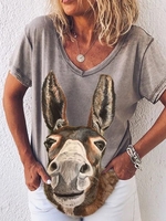 Gray Cotton-Blend V Neck Short Sleeve Printed T-Shirts - Noracora