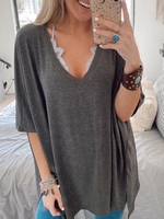 Gray Cotton-Blend V Neck Short Sleeve T-Shirts - Noracora