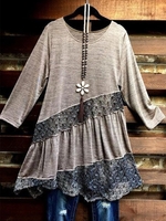 Gray Crew Neck 3/4 Sleeve Plain Cotton-Blend Sweatshirts &pullover - Noracora