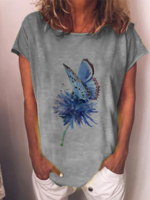 Gray Crew Neck Casual Printed Tops - Noracora