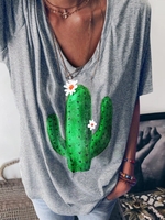 Gray Floral Casual Cotton T-Shirts - Noracora