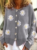 Gray Floral Casual Crew Neck Cardigans - Noracora