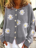 Gray Floral Casual Crew Neck Cardigans - Noracora