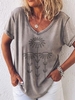 Gray Floral Casual Crew Neck T-Shirts - Noracora