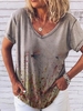 Gray Floral Short Sleeve Cotton-Blend Floral-Print T-Shirts - Noracora