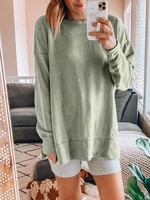 Gray Green Casual Round Neck Solid Cotton-Blend Causal Tops - Noracora
