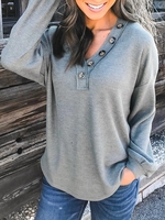 Gray Green Long Sleeve Solid Cotton-Blend Causal Tops