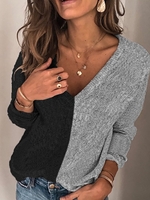 Gray Knitted Color-Block Long Sleeve V Neck Causal Tops