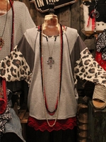 Gray Leopard Long Sleeve Leopard-Print Causal Tops - Noracora
