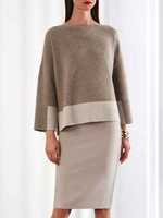Gray Long Sleeve Knitted Bateau/boat Neck Casual System