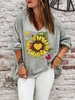 Gray Long Sleeve V Neck Linen Causal Tops - Noracora