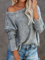 Gray Patchwork Round Neck Knitted Long Sleeve Sweaters - Noracora