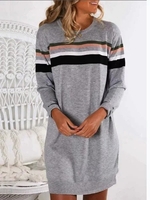 Gray Plain Cotton-Blend Long Sleeve Crew Neck Causal Dresses