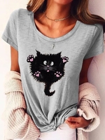 Gray Printed Crew Neck Casual Cotton-Blend T-Shirts - Noracora