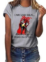 Gray Printed Crew Neck Cotton-Blend Short Sleeve T-Shirts - Noracora