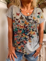 Gray Printed Short Sleeve Cotton-Blend T-Shirts - Noracora