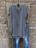 Gray Shift Short Sleeve Crew Neck Linen T-Shirts - Noracora