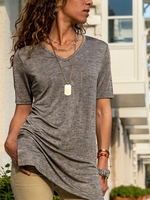 Gray Shirred V Neck Short Sleeve T-Shirts - Noracora