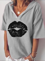 Gray Short Sleeve Cotton-Blend Casual Graphic T-Shirts - Noracora