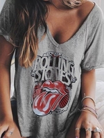 Gray Short Sleeve Cotton Printed V Neck T-Shirts - Noracora