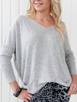 Gray Solid Long Sleeve Cotton-Blend V Neck Causal Tops