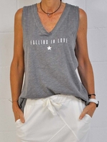 Gray V Neck Printed Casual Tanks & Camis - Noracora