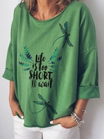 Green 3/4 Sleeve Cotton Causal Tops - Noracora