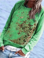 Green Casual Cotton-Blend Crew Neck Printed Causal Tops - Noracora