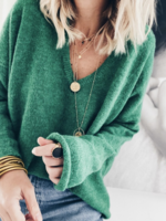Green Cotton-Blend V Neck Long Sleeve Solid Sweaters