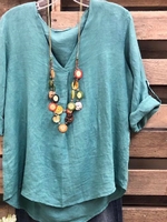 Green Cotton Shift 3/4 Sleeve V Neck T-Shirts - Noracora