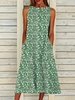 Green Cotton Sleeveless Floral Causal Dresses - Noracora
