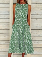 Green Cotton Sleeveless Floral Causal Dresses - Noracora