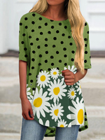 Green Floral Knitted Casual T-Shirts - Noracora