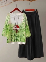 Green Floral-Print Leaves Pastoral Cotton-Blend Causal Tops - Noracora