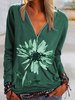 Green Long Sleeve Floral Casual Tops - Noracora