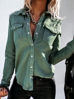 Green Long Sleeve Pockets Shirt Collar Tops - Noracora