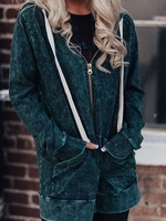 Green Long Sleeve Washed Plain Hoodie Jackets - Noracora