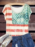 Green Stripes Crew Neck Casual Shift T-Shirts - Noracora