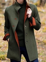 Green V Neck Long Sleeve Buttoned Solid Coat
