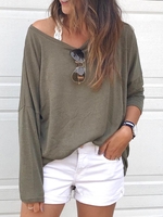 Green V Neck Long Sleeve Causal Tops - Noracora