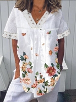 Holiday Cotton Shift Short Sleeve Tunic Blouses - Noracora