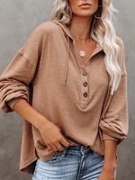 Khaki Buttoned Long Sleeve Hoodie Tops - Noracora